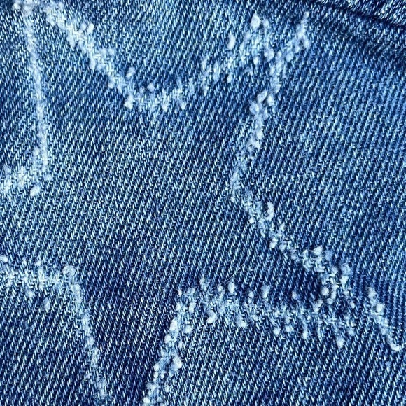 Fun Denim Button Down Shirt Distressed Star Pattern Throughout Boxy Cut SZ M - Picture 2 of 11